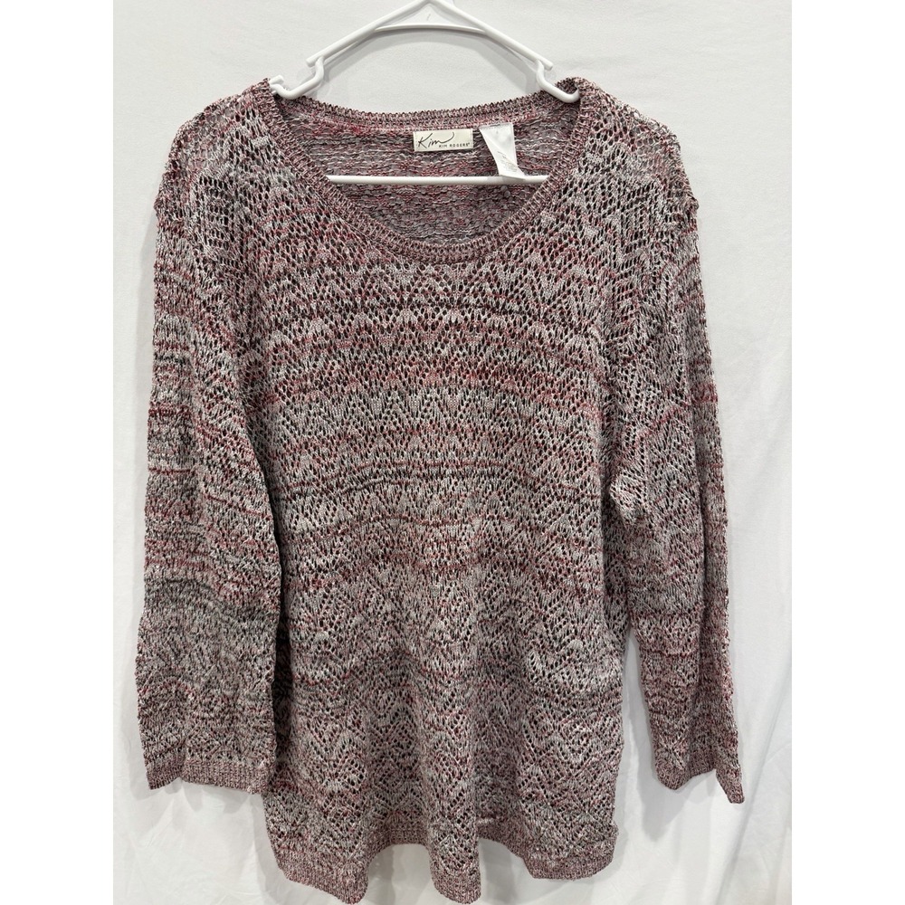 Kim Rogers Open Knit Sweater Woman 2X Pink Grey Marled Crochet Chevron